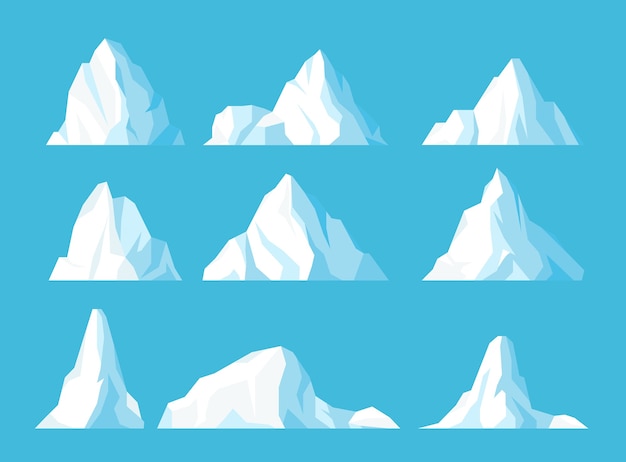 Iceberg in ocean flat set Picco di montagne ghiacciate ghiacciate galleggianti in acqua Rocce innevate artiche di ghiaccio