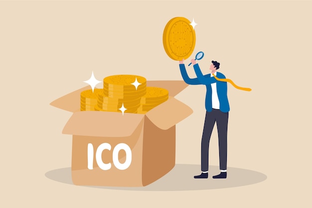 ICO, processo di offerta iniziale di monete per creare nuovi token di criptovaluta per scambiare concetti di mercato, investitori d'affari o creatori di monete che scelgono nuove monete di criptovaluta ed esaminano i dettagli.