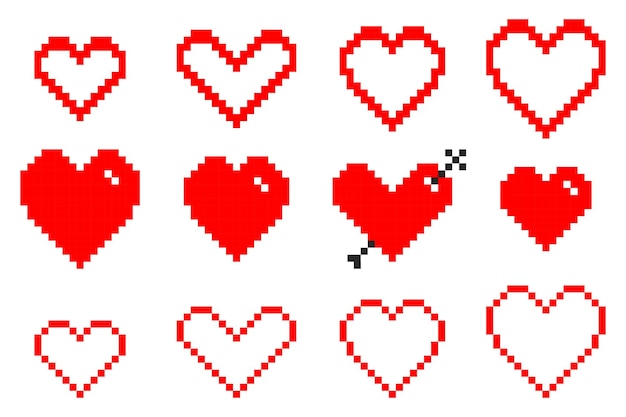 Icona a forma di cuore imposta stile pixel