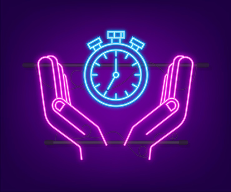 Vettore icona al neon del timer nelle mani su sfondo scuro icona piatta con timer concetto di affari