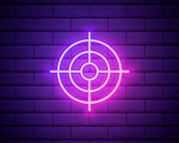 Icona al neon di messa a fuoco Elementi del set fotografico Icona semplice per i siti Web di progettazione di siti Web per informazioni sull'app mobile grafica isolata su un muro di mattoni