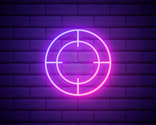 Icona al neon di messa a fuoco Elementi del set fotografico Icona semplice per i siti Web di progettazione di siti Web per informazioni sull'app mobile grafica isolata su un muro di mattoni