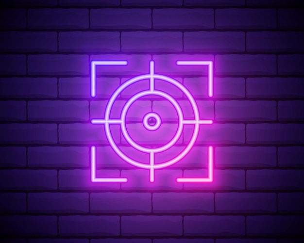 Icona al neon di messa a fuoco Elementi del set fotografico Icona semplice per i siti Web di progettazione di siti Web per informazioni sull'app mobile grafica isolata su un muro di mattoni