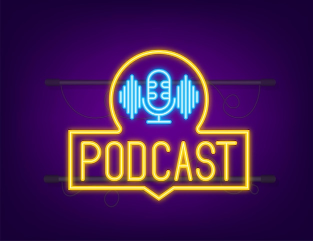Icona al neon di podcast. Distintivo, icona, timbro, logo. Icona al neon. Illustrazione di riserva di vettore