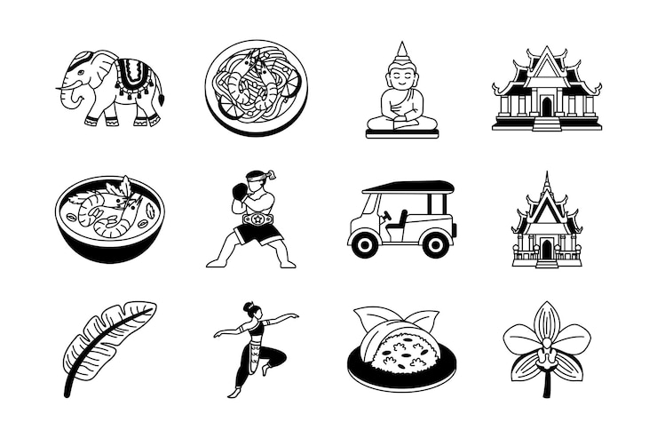 icona bianca e nera della cultura thailandese cibo e collezione di boxe thailandese