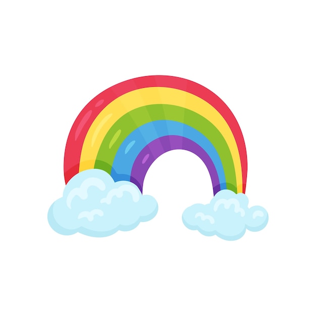 Icona cartoni animati di arcobaleno multicolore con due nuvole blu Elemento grafico colorato per la decorazione della stanza dei bambini o carta di auguri Illustrazione in stile piatto Disegno vettoriale isolato su sfondo bianco
