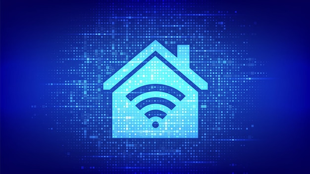 Icona casa intelligente realizzata con codice binario Concetto di sistema di controllo automazione Assistente domotico intelligente Codice digitale in streaming di dati binari Sfondo matrice con cifre 10 Illustrazione vettoriale