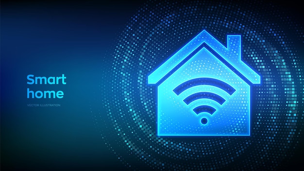 Icona casa intelligente realizzata con codice binario Concetto di sistema di controllo automazione Assistente domotico intelligente Ordito tunnel virtuale realizzato con codice digitale Illustrazione vettoriale del flusso di dati