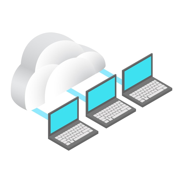 Icona cloud per social network 3 laptop in icloud Simbolo singolo su sfondo blu