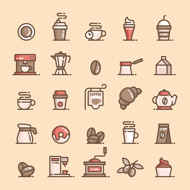 Icona del caffè Design piatto. Set di icone caffè linea sottile