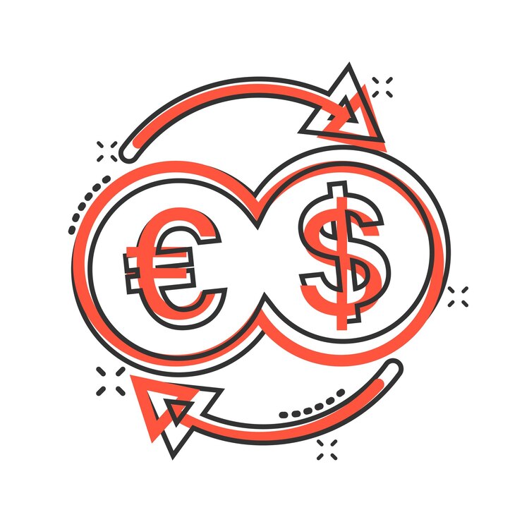 Vettore icona del cambio valuta in stile fumetto illustrazione vettoriale del fumetto di trasferimento dell'euro del dollaro su sfondo bianco isolato concetto di business con effetto splash del processo finanziario