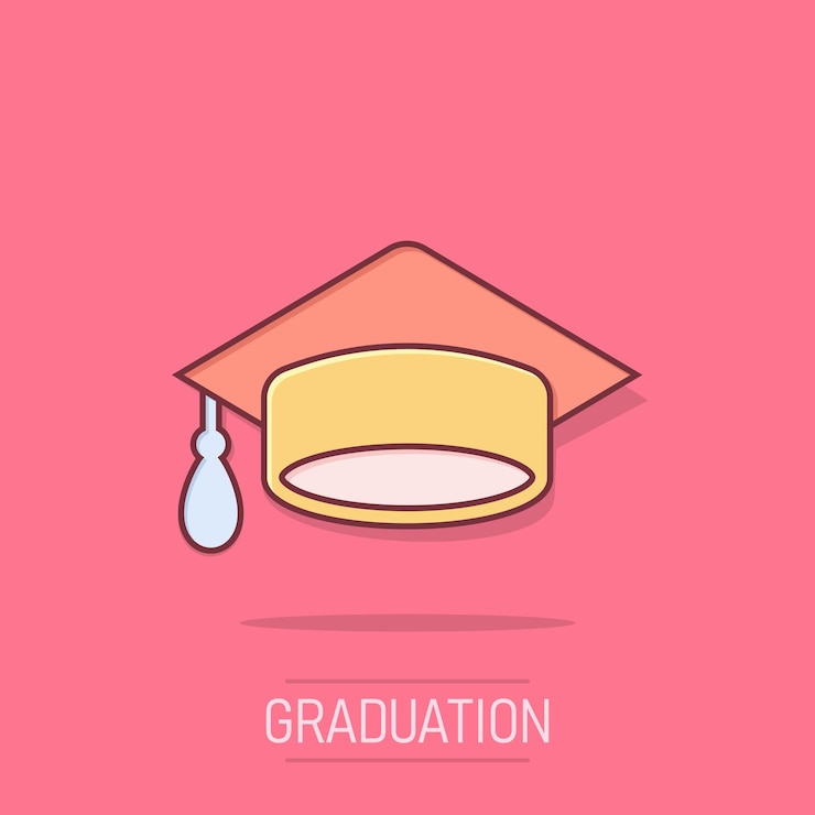 Vettore icona del cappuccio graduato in stile fumetto illustrazione del cartone animato vettoriale del cappello educativo su sfondo bianco isolato effetto splash del concetto aziendale di laurea universitaria