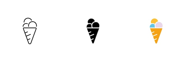 Icona del cono gelato Dolci Succo congelato Glassa Prodotti lattiero-caseari Set vettoriale di icone in linea nera e stili colorati isolati su sfondo bianco