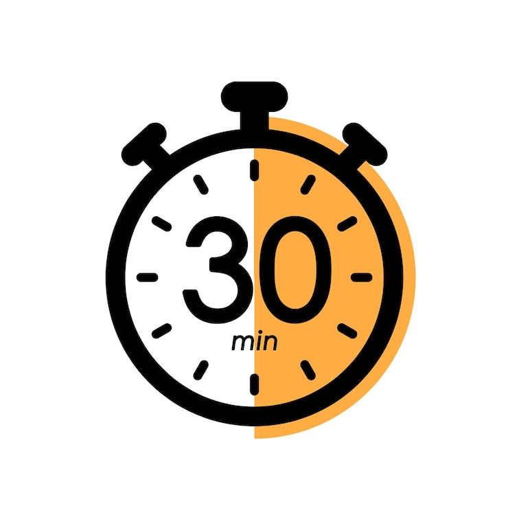 Vettore icona del cronometro di trenta minuti simbolo del timer tempo di cottura tempo di applicazione cosmetico o chimico tempo di attesa di 30 minuti illustrazione vettoriale