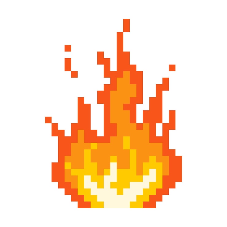 Vettore icona del falò che brucia pixel fuoco fiammeggiante con una fiamma rossa con nucleo giallo brillante dopo una potente esplosione