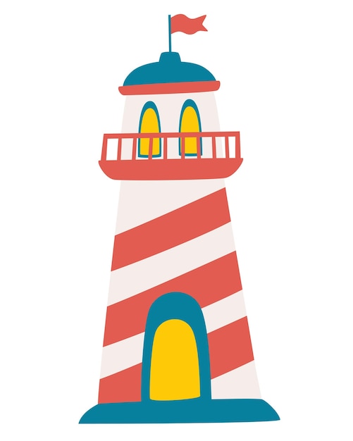 Icona del faro carino. Torri faro per la guida alla navigazione marittima. Vivaio arte. Illustrazione disegnata a mano del fumetto isolata su priorità bassa bianca in uno stile piano.