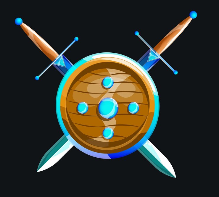 Vettore icona del gioco di scudo e due spade. risorse e attrezzature per giochi fantasy rpg