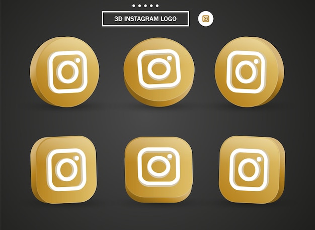 Icona del logo di instagram 3d nel moderno cerchio dorato e quadrato per i loghi delle icone dei social media