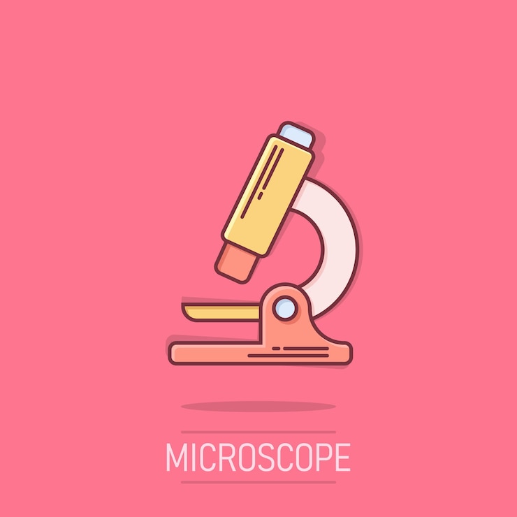 Vettore icona del microscopio in stile fumetto lente di ingrandimento da laboratorio cartoon illustrazione vettoriale su sfondo isolato concetto di business del segno dell'effetto splash dello strumento biologico
