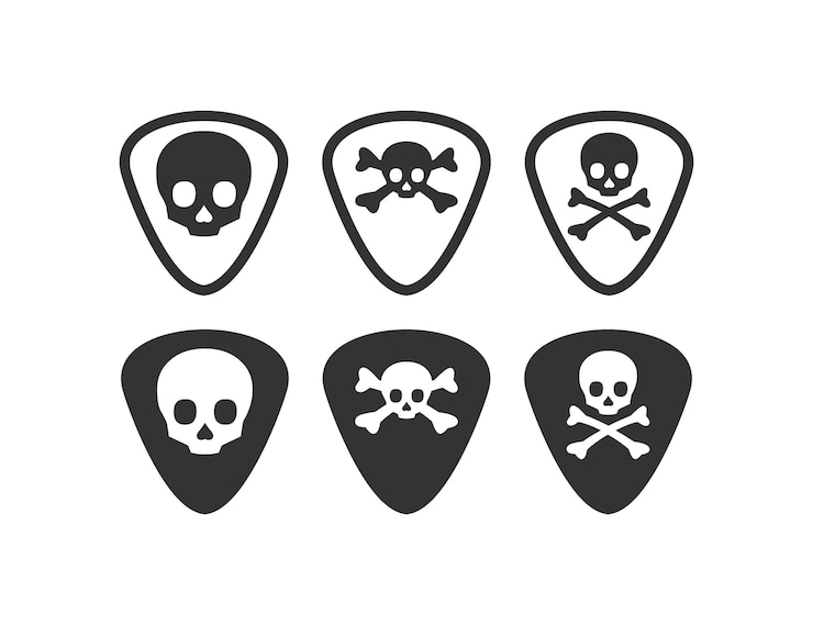 Icona del plettro per chitarra cranio e ossa Mediatore per suonare il vettore del plettro del simbolo dell'illustrazione della chitarra