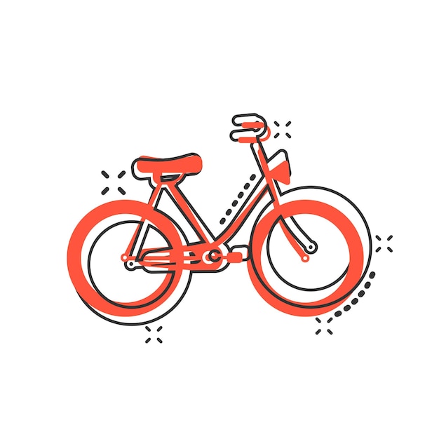 Icona del segno della bicicletta in stile fumetto Illustrazione del fumetto vettoriale della bici su sfondo bianco isolato Effetto splash del concetto di business in bicicletta