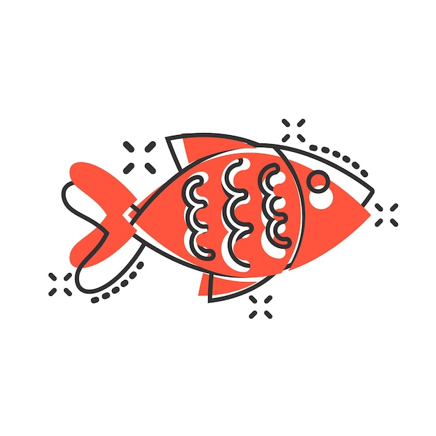 Icona del segno di pesce in stile fumetto Illustrazione cartoon del vettore Goldfish su sfondo bianco isolato Effetto splash del concetto di business dei frutti di mare
