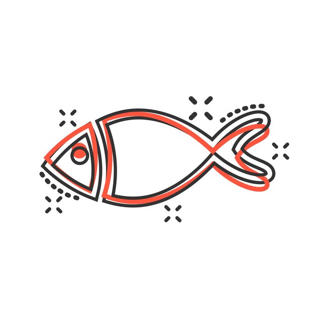 Icona del segno di pesce in stile fumetto Illustrazione cartoon del vettore Goldfish su sfondo bianco isolato Effetto splash del concetto di business dei frutti di mare