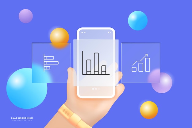 Icona del set di analisi dei dati Diagrammi grafici che monitorano la crescita del reddito stordisce il profitto frecce colonne Concetto di infografica Glassmorphism UI schermate dell'app del telefono con la mano Icona della linea vettoriale per le aziende