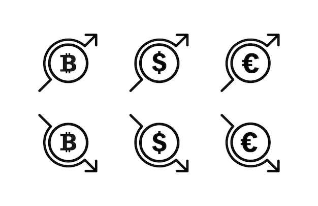 Icona del set di monete in euro Trasferimento di denaro contante dollaro valuta moneta centesimo transazione frecce mendicare ricevere stipendio reddito spesa imposta icona linea vettoriale su sfondo bianco