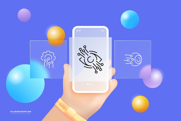 Icona del set di tecnologia Tintura elettronica che scheggia reti neurali fili intelligenza artificiale Concetto Cyberpunk Glassmorphism UI telefono schermo app icona linea vettoriale per Business