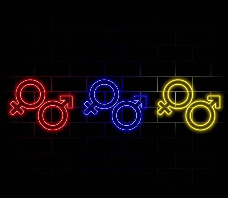 Vettore icona del simbolo di genere neon icona di genere maschile femmina icona della contorno di genere femminile maschile in blu e viola c