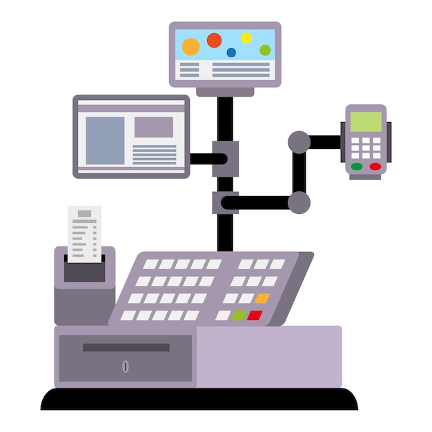 Icona del terminale di pagamento della cassa Illustrazione piatta dell'icona vettoriale del terminale de pagamento della cassiera per il web design