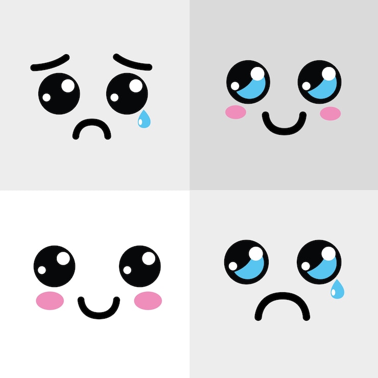 Vettore icona del viso felice e triste kawaii