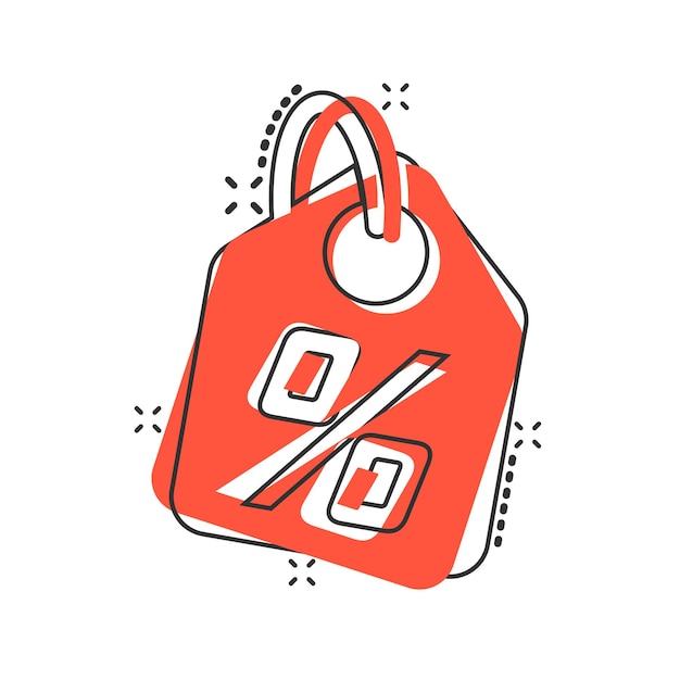 Icona dell'etichetta di acquisto di sconto per cartoni animati vettoriali in stile fumetto Pittogramma di illustrazione del concetto di coupon di sconto per cento Concetto di effetto splash badge negozio
