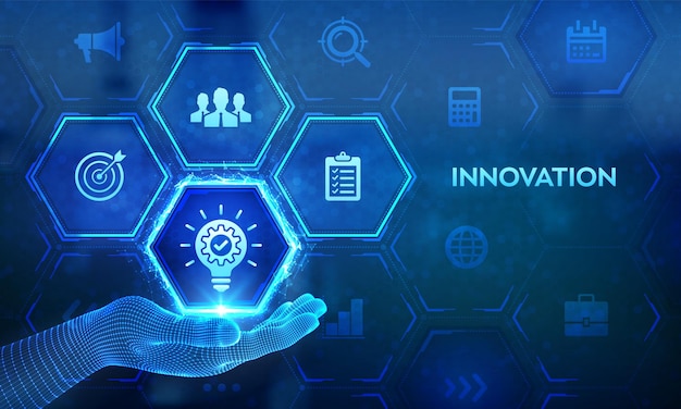 Icona dell'innovazione in mano Idea e soluzione innovative per l'impresa Idea creativa Pensamento creativo