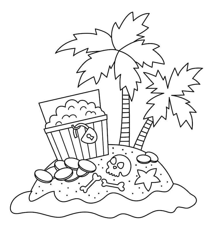 Vettore icona dell'isola tropicale in bianco e nero vettoriale isola di mare carina con palme d'acqua di sabbia illustrazione di contorno immagine dell'isola del tesoro con teschio di monete sul petto pagina da colorare festa pirata
