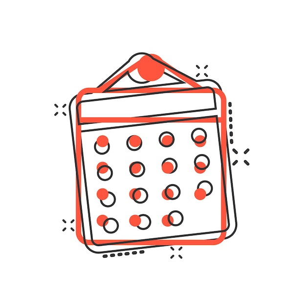 Icona dell'organizzatore del calendario in stile fumetto Illustrazione del fumetto del vettore dell'evento di appuntamento su sfondo bianco isolato Effetto splash del concetto aziendale di scadenza del mese
