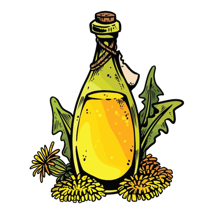 Vettore icona della bottiglia del fumetto del vino del dente di leone immagine di stile fumetto del profilo del vaso della bottiglia con la bevanda liquida e i fiori del dente di leone illustrazione di lineart isolata disegnata a mano per le stampe progetta le carte web mobile