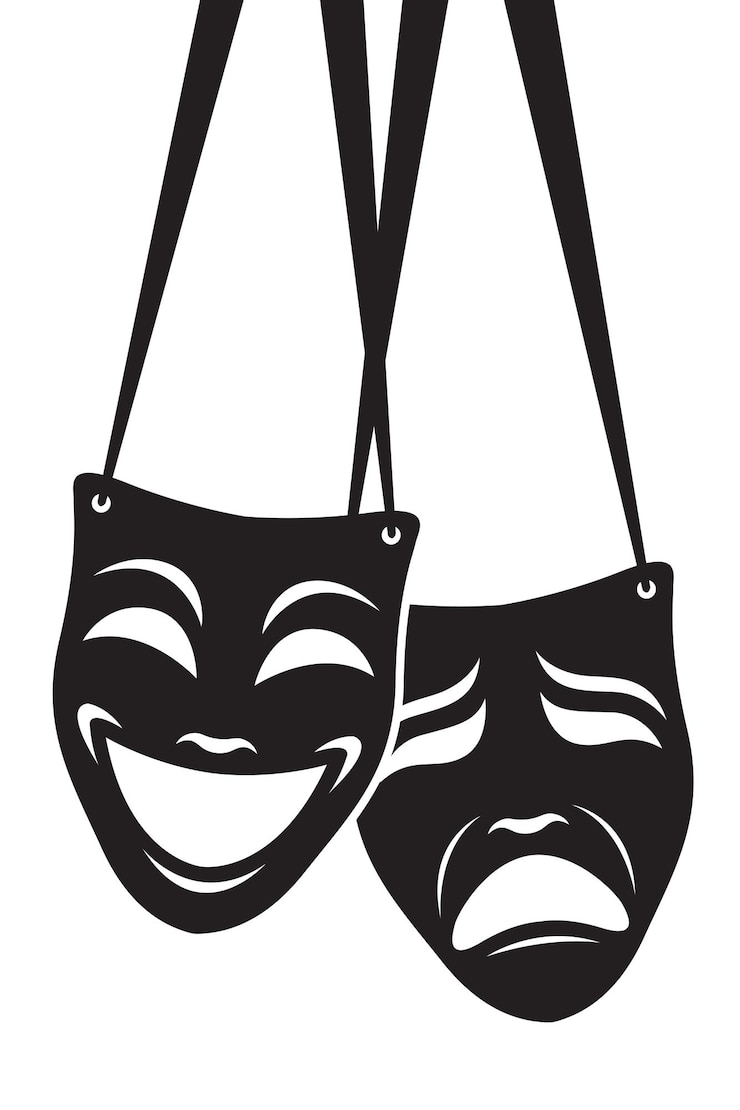 Vettore icona della commedia e della tragedia maschere teatrali con nastro