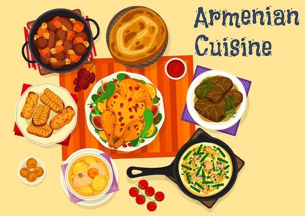 Icona della cucina armena di cena a base di carne con dessert