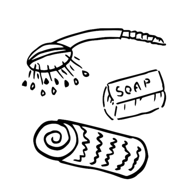 Icona della linea del sapone e della doccia dell'asciugamano isolata su sfondo bianco doodle illustrazione vettoriale