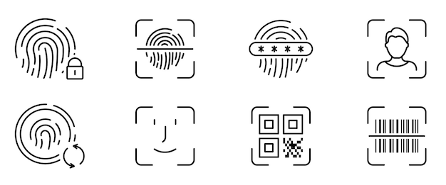 Icona della linea di identificazione biometrica Pittogramma di verifica dell'impronta digitale Protezione con password