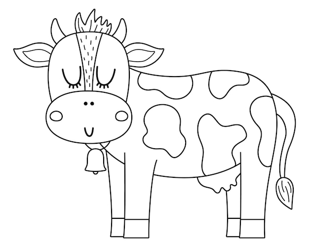 Icona della mucca in bianco e nero vettoriale Simpatico diario dei cartoni animati o illustrazione della linea dell'animale domestico del latte per i bambini Animale da fattoria isolato su sfondo bianco Immagine del bestiame o pagina da colorare per i bambini