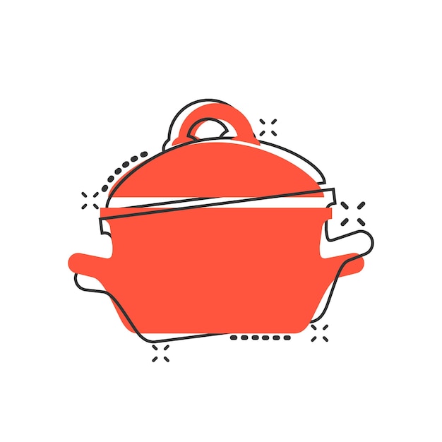 Icona della pentola di cottura del fumetto vettoriale in stile fumetto Pittogramma di illustrazione del concetto di pentola da cucina Concetto di effetto splash aziendale dell'attrezzatura della casseruola