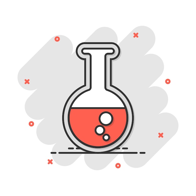 Icona della provetta chimica del fumetto vettoriale in stile fumetto Pittogramma dell'illustrazione del segno della vetreria da laboratorio Concetto di effetto splash aziendale delle boccette