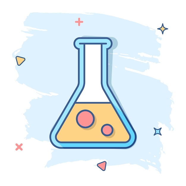 Icona della provetta chimica del fumetto vettoriale in stile fumetto Pittogramma dell'illustrazione del segno della vetreria da laboratorio Concetto di effetto splash aziendale delle boccette