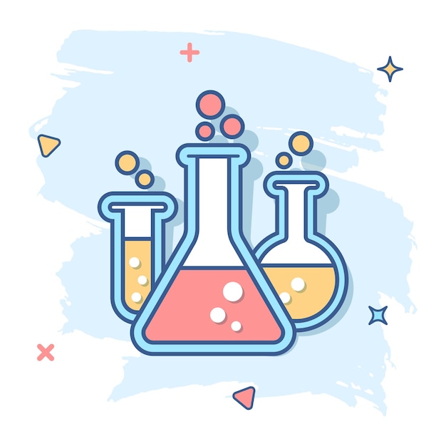 Icona della provetta chimica del fumetto vettoriale in stile fumetto Pittogramma dell'illustrazione del segno della vetreria da laboratorio Concetto di effetto splash aziendale delle boccette
