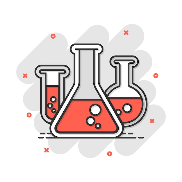 Icona della provetta chimica del fumetto vettoriale in stile fumetto Pittogramma dell'illustrazione del segno della vetreria da laboratorio Concetto di effetto splash aziendale delle boccette
