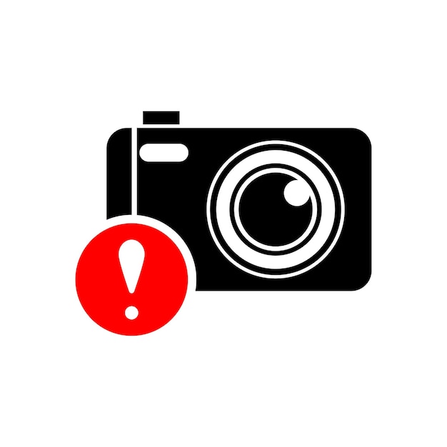 Icona della tecnologia icona fotocamera fotografica con punto esclamativo Icona della fotocamera fotografica e simbolo di avviso errore allarme pericolo Illustrazione vettoriale