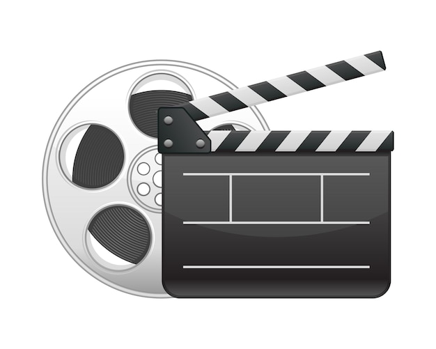 Icona di ciak e bobina di film su sfondo bianco